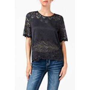 Miss Me Black Lace Top Womens Small Short Sleeve Paisley Print Bell Sleeve NWT